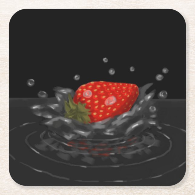 Splashing strawberry square paper coaster (Front)
