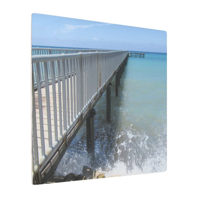Splashing Waves on Wharf Design Metal Print (Angled)