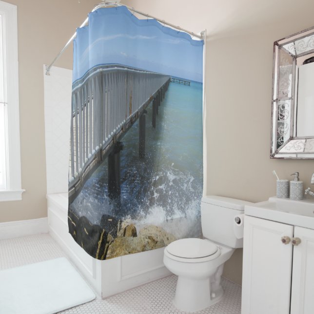 Splashing Waves on Wharf Design Shower Curtain (In Situ)