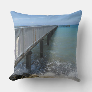 Splashing Waves on Wharf Design Throw Pillow