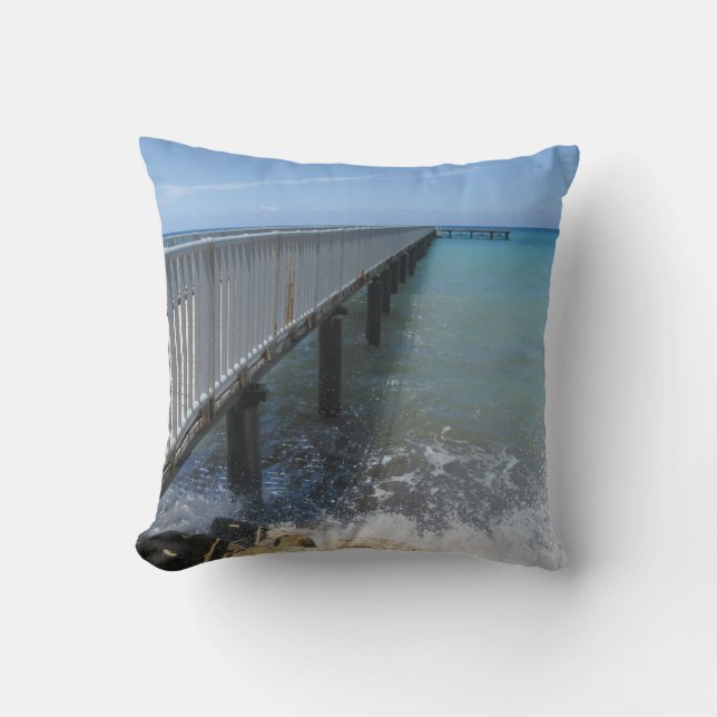 Splashing Waves on Wharf Design Throw Pillow (Front)