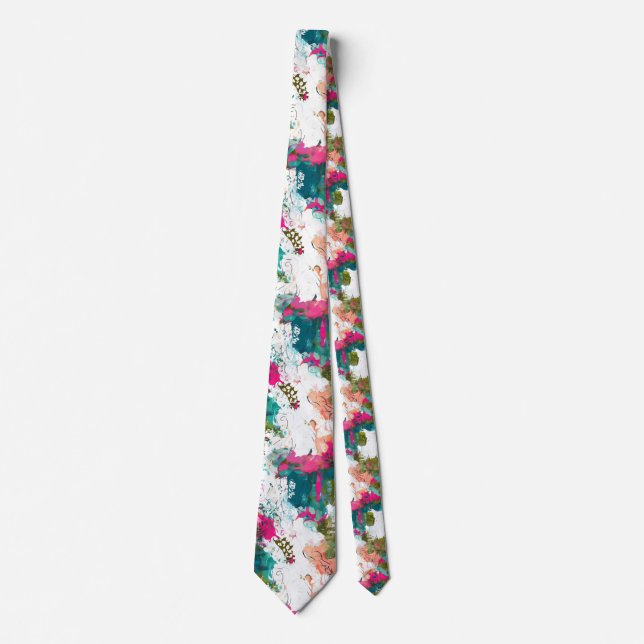Splashy abstract art pink aqua green neck tie (Front)