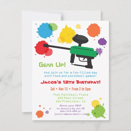 Splat Paintball Kids Birthday Party Invitations