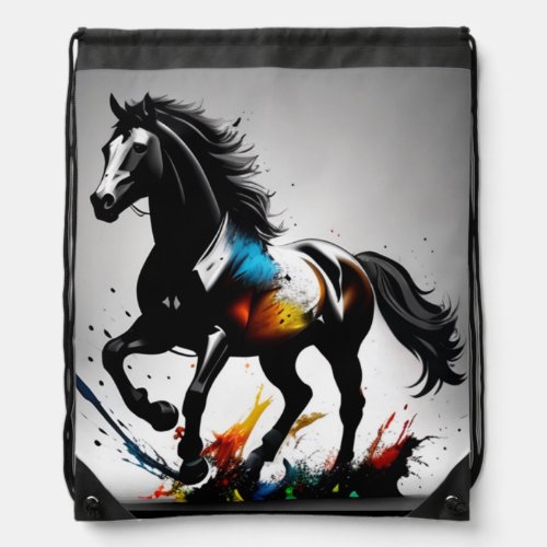 Splatter Black Watercolor Painted Pony Drawstring Bag