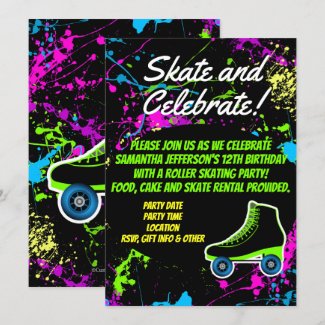 Splatter Glow Skate Roller Skating Birthday Party Invitation