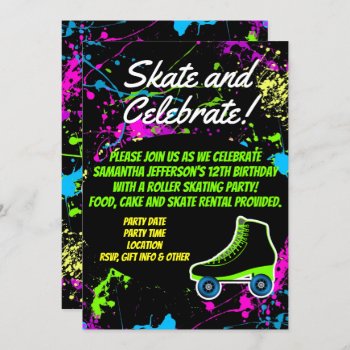 Splatter Glow Skate Roller Skating Birthday Party Invitation by CustomInvites at Zazzle