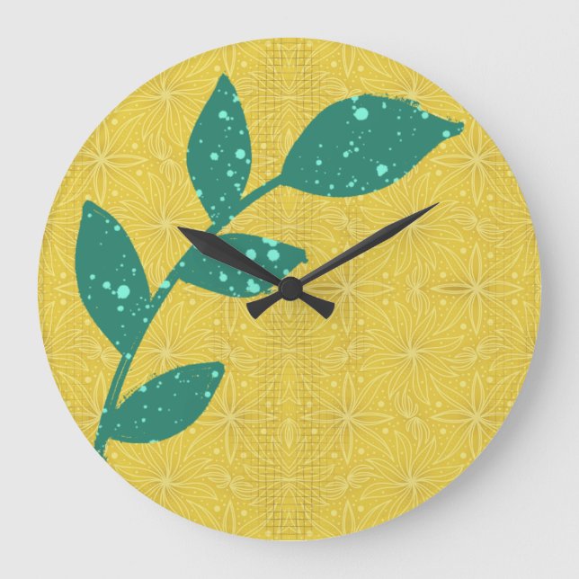 Splatter Green Leaf on Yellow Floral Wall Clock (Front)