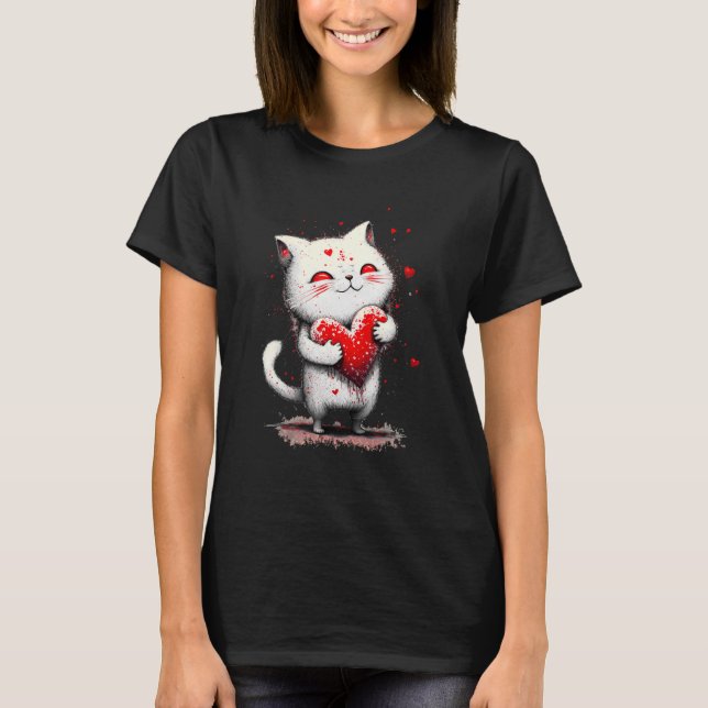 Splatter Paint Cat Hugging A Heart Shaped Pillow - T-Shirt (Front)