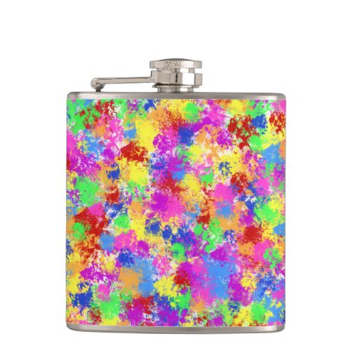 Splatter Paint Rainbow of Bright Color Background Hip Flask