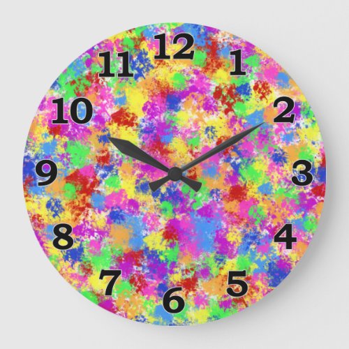 Splatter Paint Rainbow of Bright Color Background Large Clock