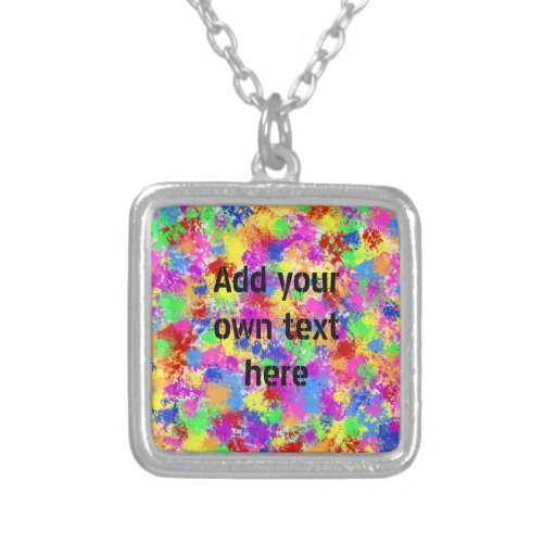 Splatter Paint Rainbow of Bright Color Background Silver Plated Necklace