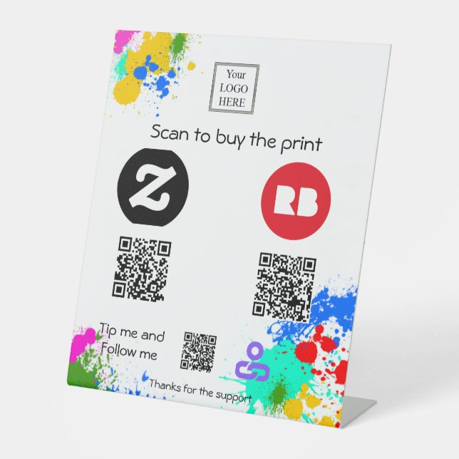 splatter paint Scan to Buy, Tip and Follow Pedestal Sign (Front)