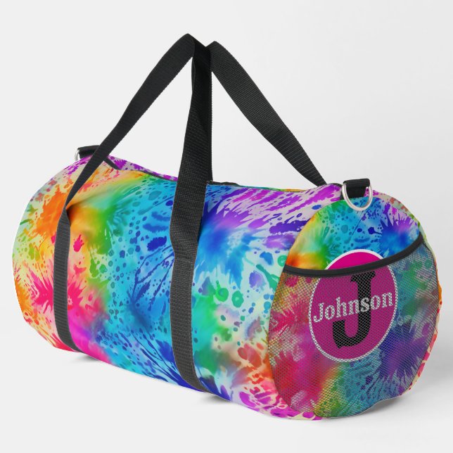 Splatter Rainbow Tie Dye monogram personalized Duffle Bag (Right Corner)