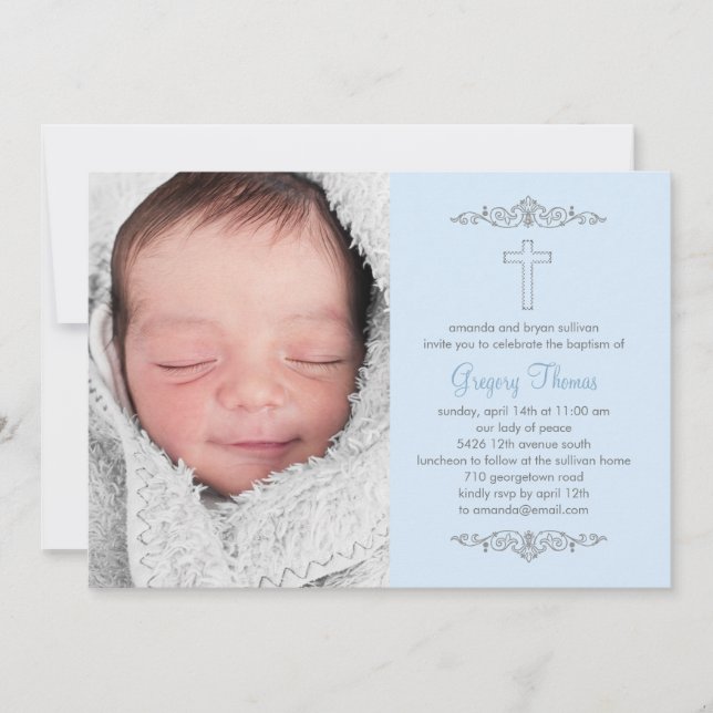 Splendid Cross Photo Baptism Invitation - Blue (Front)