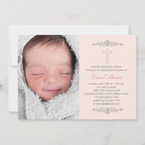 Splendid Cross Photo Baptism Invitation - Pink
