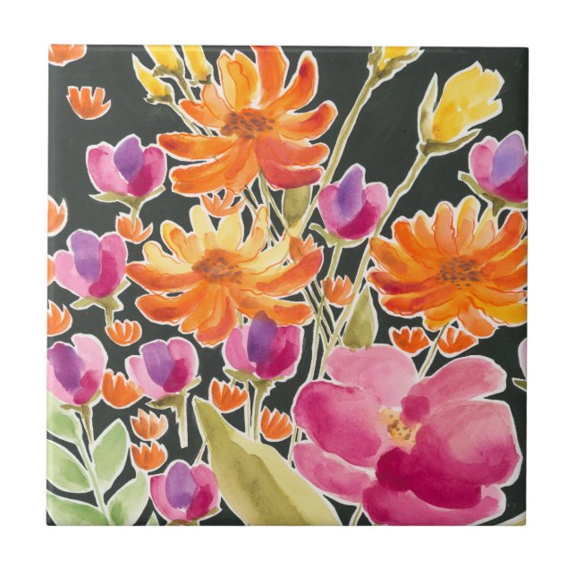 Splendid Gathering - Pink and Orange Flowers Ceramic Tile (Front)