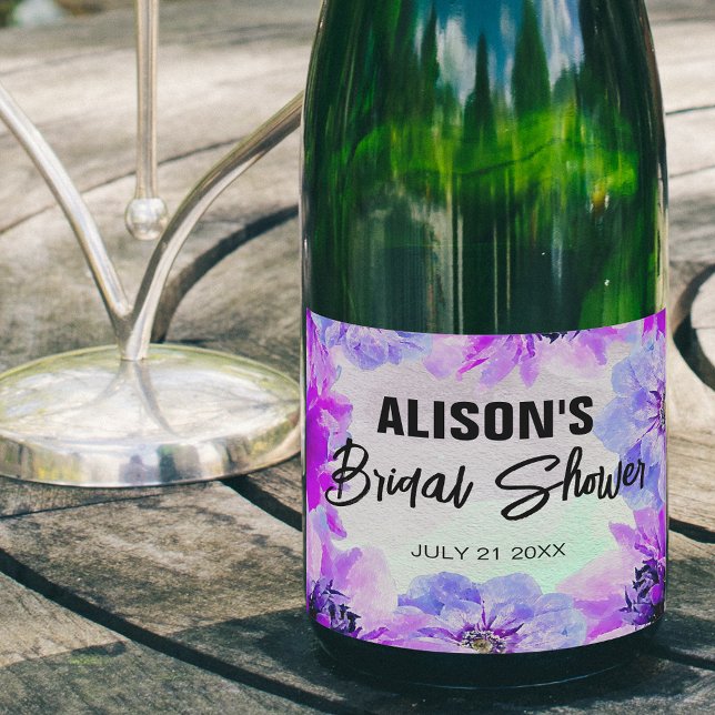 Splendid Purple Watercolor Blossoms Bridal Shower Sparkling Wine Label (Creator Uploaded)