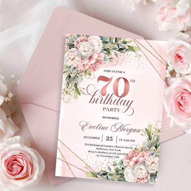 Splendid Rose Gold Watercolor Floral 70th Birthday Invitation (Splendid Rose Gold Watercolor Floral 70th Birthday Invitation)