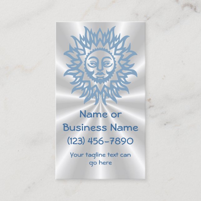 Splendid Sun in Blue on Silver Sunburst Background Business Card (Front)
