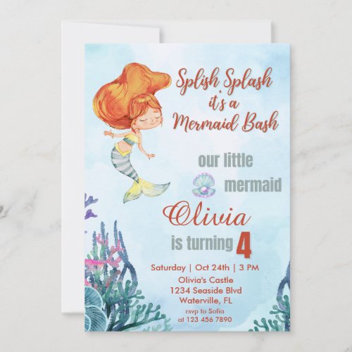 Splish Splash Bash Mermaid Theme 4th birthday  Invitation
