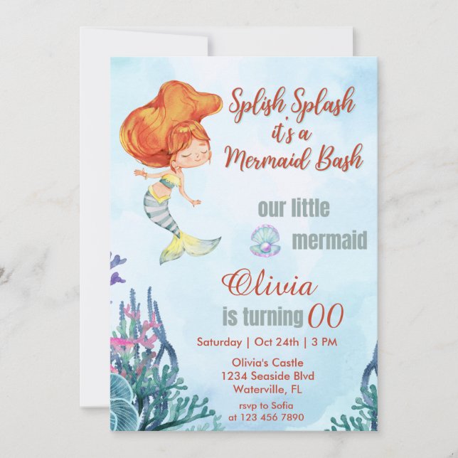Splish Splash Bash Mermaid Theme Any Age birthday  Invitation (Front)