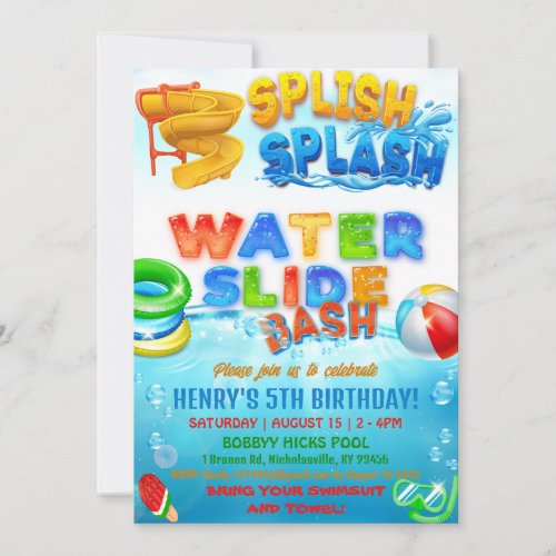  Splish Splash Bash party Water Slide birthday Invitation