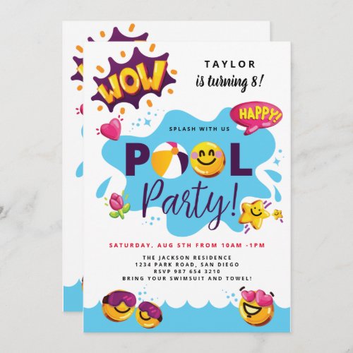 Splish Splash birthday  3D emoji  Pool party Invitation