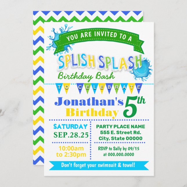 Splish splash birthday bash blue green party invitation (Front/Back)