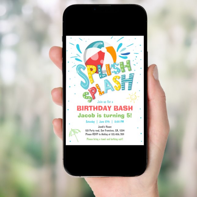 Splish Splash Birthday Bash Boy Pool Party Invitation (Front Digital)