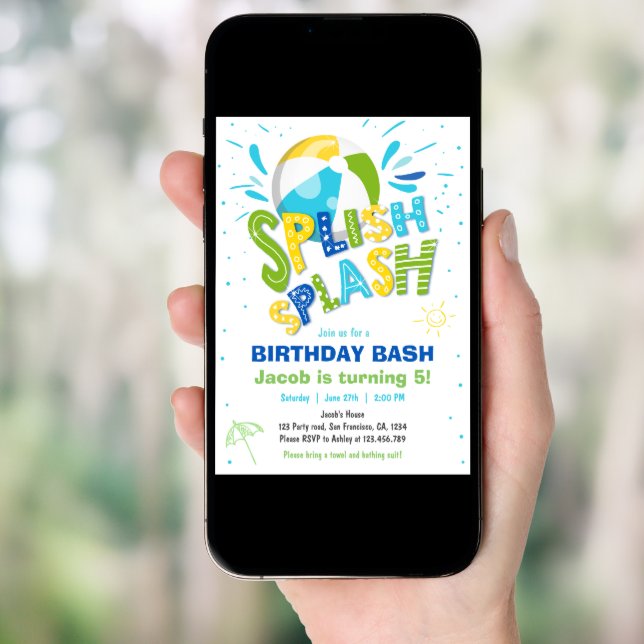 Splish Splash Birthday Bash Boy Pool Party Invitation (Front Digital)