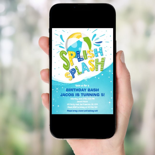 Splish Splash Birthday Bash Boy Pool Party Invitation (Front Digital)