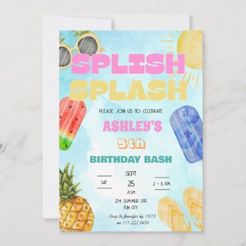 Splish Splash Birthday Bash Girl Pool Party Invitation