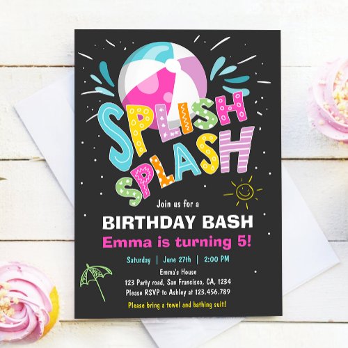 Splish Splash Birthday Bash Girl Pool Party Invitation