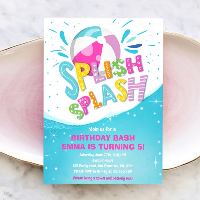 Splish Splash Birthday Bash Girl Pool Party Invitation (Creator Uploaded)