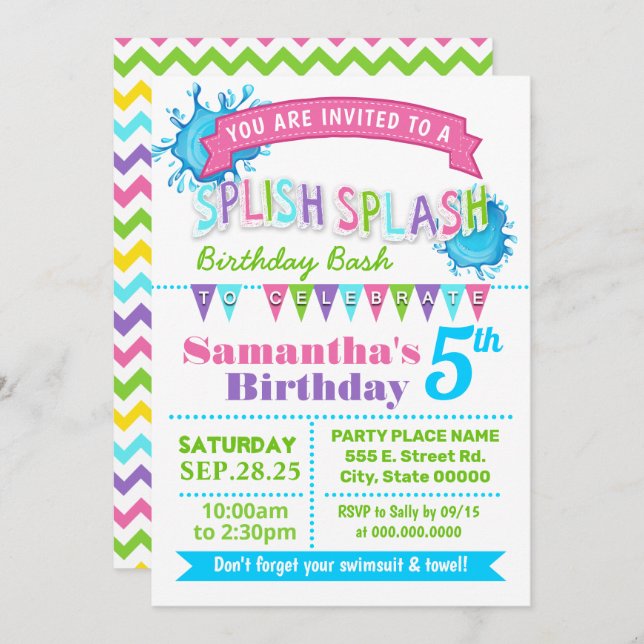 Splish splash birthday bash pink party invitation (Front/Back)