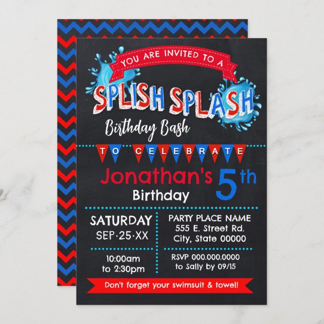 Splish Splash Birthday Bash Red White Blue Invitation (Front/Back)