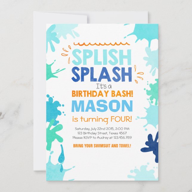 Splish Splash birthday invitation Boy (Front)