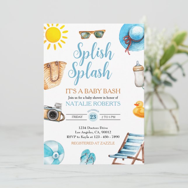 Splish Splash Blue Beach Summer Boy Baby Shower Invitation (Standing Front)