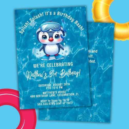 Splish Splash Boy Penguin Pool Birthday Party Invitation