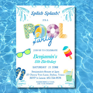 Splish Splash Boys Birthday Pool Party Invitation