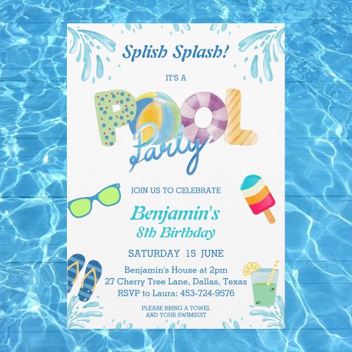 Splish Splash Boys Birthday Pool Party Invitation