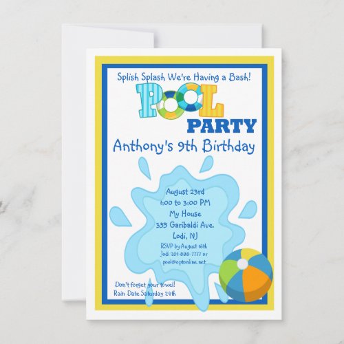 Splish Splash Boys Pool party Invitation