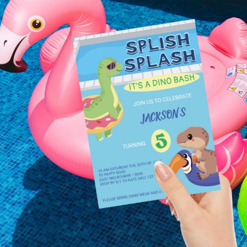 Splish Splash Dino Pool Party Birthday Invitation