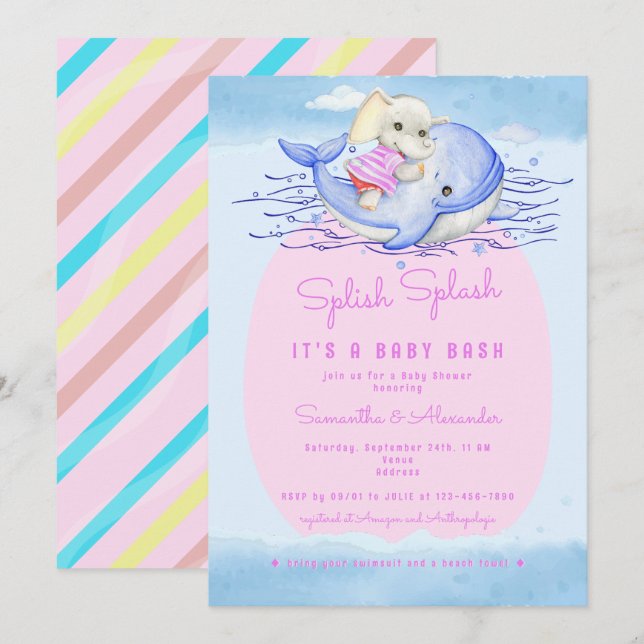  Splish Splash Elephant Pink Girl Pool Baby Shower Invitation (Front/Back)