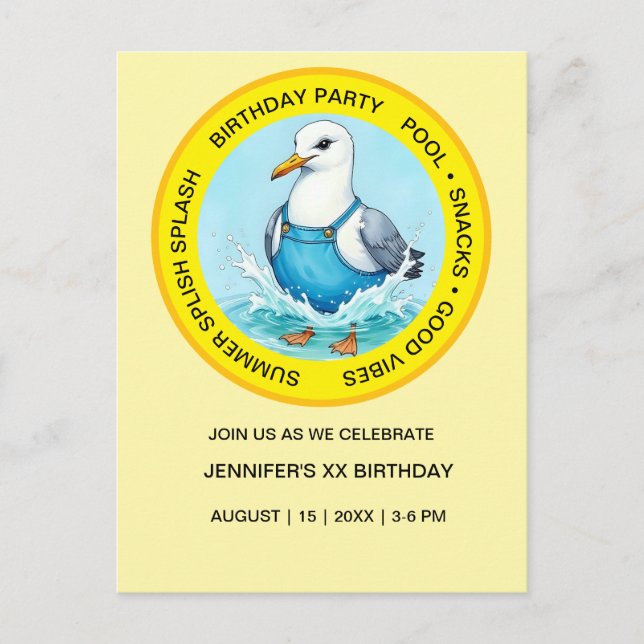 Splish Splash fun Seagull summer Pool Party Postcard (Front)