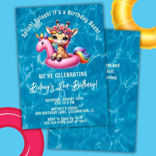 Splish Splash Girl Giraffe Pool Birthday Party Invitation