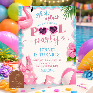 Splish Splash Girl pool party Birthday invitation
