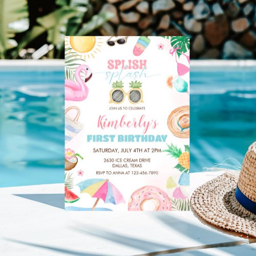 Splish Splash Girl Pool Party Pink Invitation