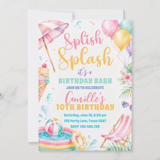 Splish Splash Girl Summer bash Birthday  Invitation (Front)