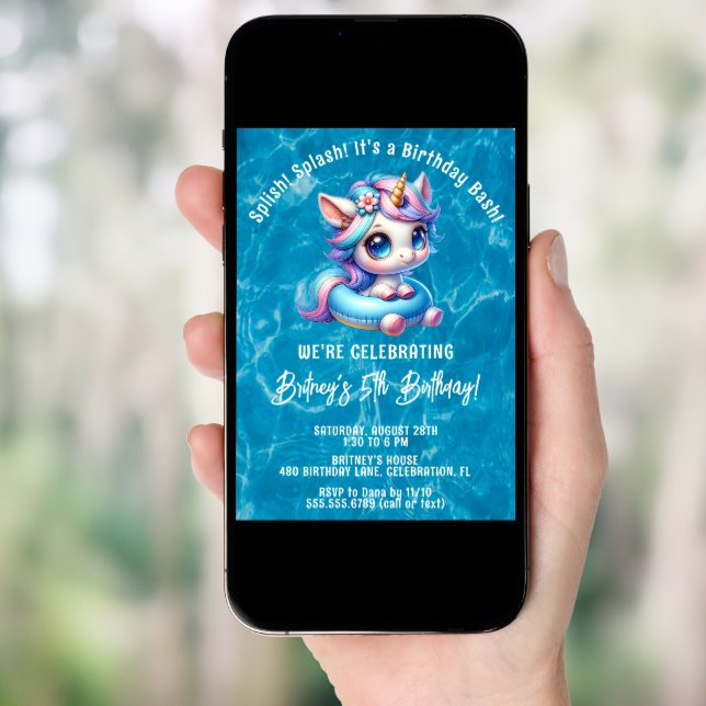 Splish Splash Girl Unicorn Pool Birthday Party Invitation (Front Digital)